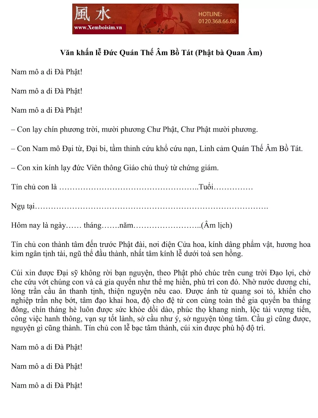 văn khấn phật bà quan âm